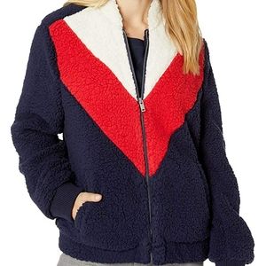 UGG Annalise Teddy Jacket Navy Blue Red White Medium Fuzzy Lined